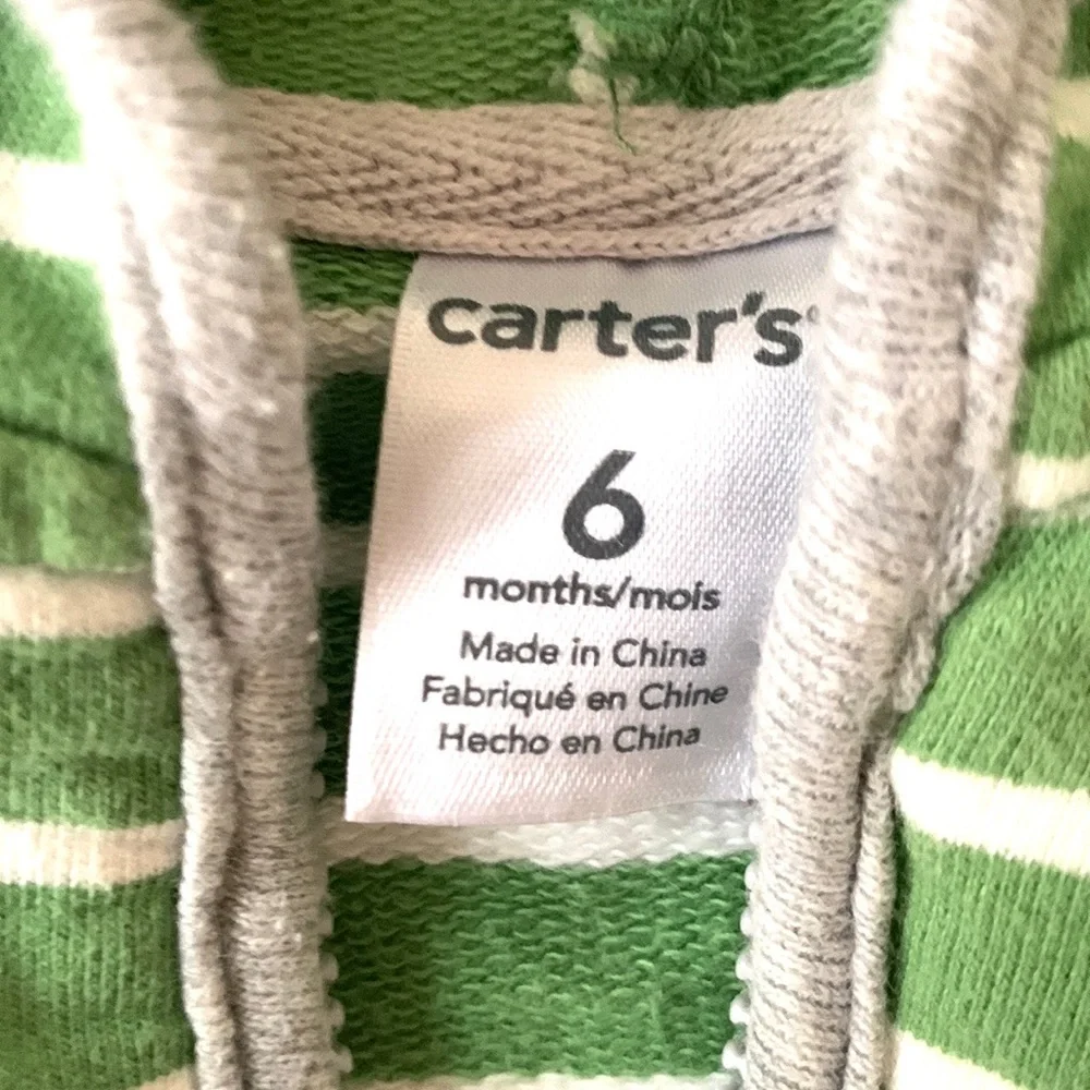 Carters 6m Zip Up Hoodie Jacket Baby Boy Green Gray Stripes Sweatshirt Jacket